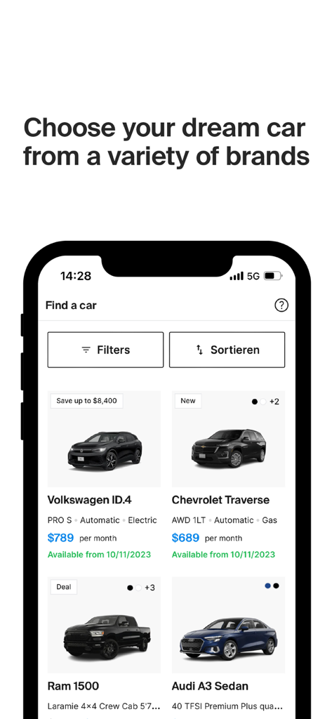 FINN Car Subscription - A mobile interface for the FINN car subscription app showing a variety of vehicle models and monthly pricing.