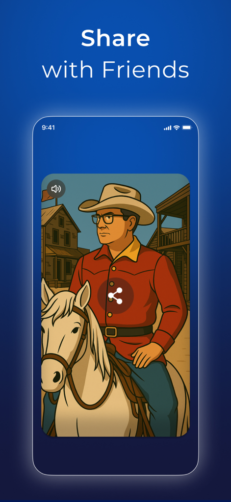 Rigel AI Film Generator - Rigel AI app screen showing a shareable animation of a cowboy on a horse in a western setting.
