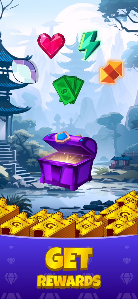 Monkey Match: Earn money game - A glowing purple treasure chest and golden tickets with text saying get rewards