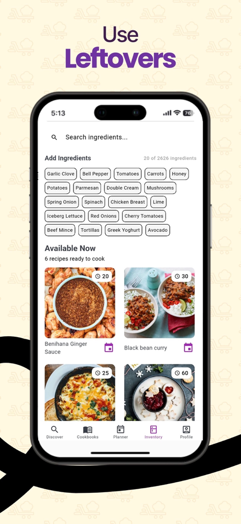 Savvy Chef - Savvy Chef mobile app showing the inventory tab with recipe suggestions based on available ingredients