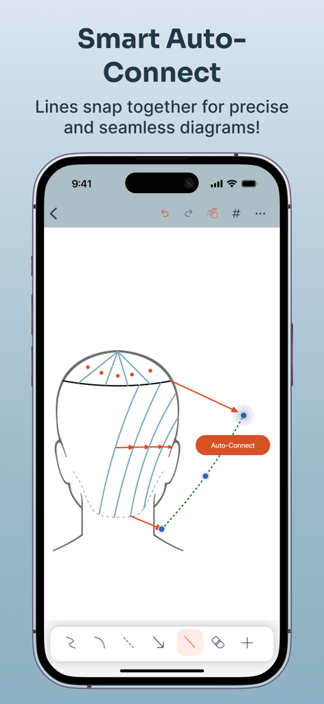 Hairtechapp - Cutting Diagrams - Diagrama técnico de corte de cabello en un smartphone con función de conexión automática inteligente.