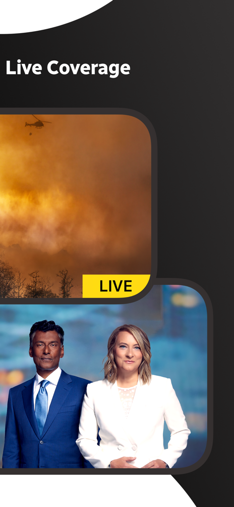 A screenshot of the CBC News app showing live coverage of a wildfire and news anchors