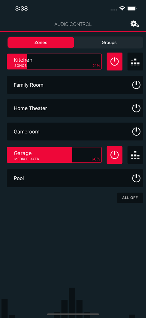 Monoprice Whole Home Audio - Multi-zone audio control interface for home automation showing volume and power buttons for different rooms.