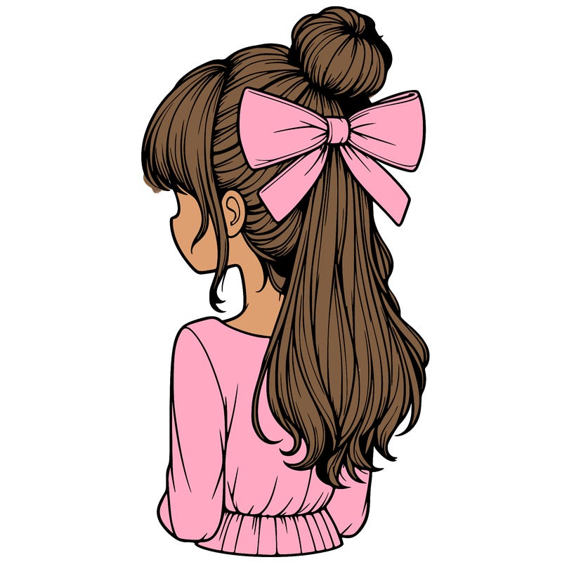realistic girl  with hip length hair a bun and a big bow on the back of head