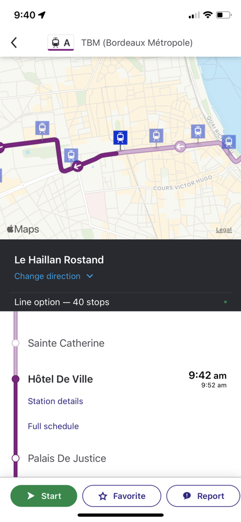 Modalis - Modalis app interface showing a real-time transit map and stop schedule for the Bordeaux tram network