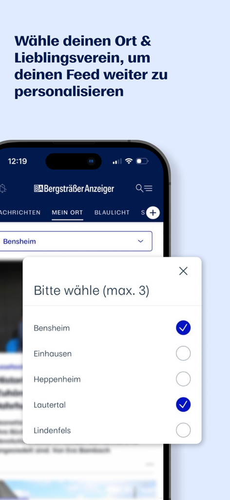 BA News - Interface do aplicativo BA News mostrando uma lista de locais regionais como Bensheim e Lautertal para personalizar o feed de notícias