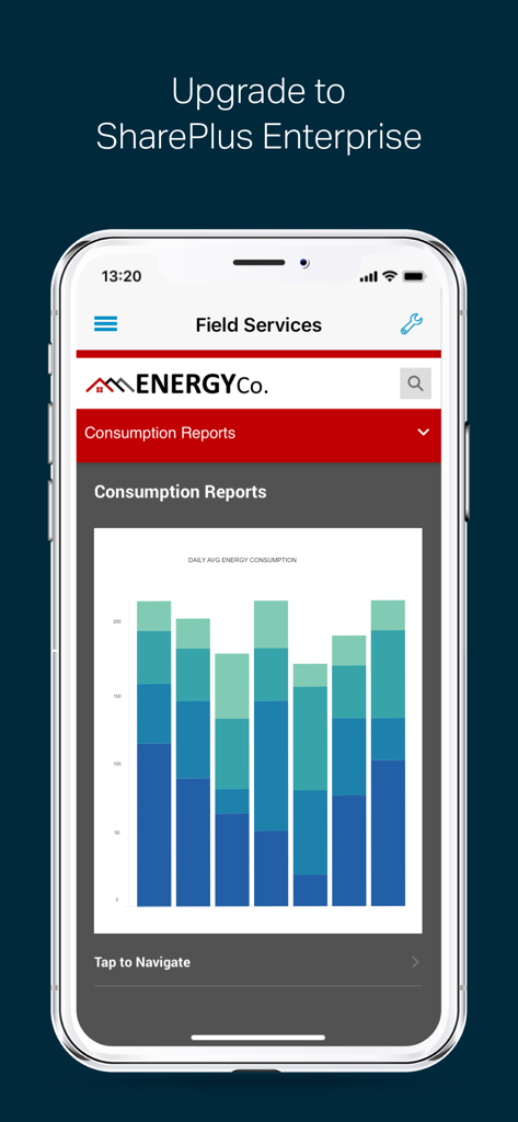 SharePlus Enterprise mobile App-Oberfläche, die Balkendiagramme des Energieverbrauchs und Field-Service-Berichte anzeigt.