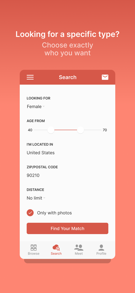 Senior Next dating app search screen showing filters for gender, age range, and location