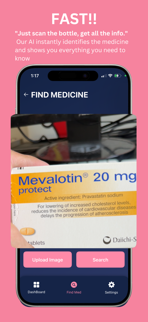 Medify:AI Medicine Identifier - Pantalla de smartphone mostrando el escáner de medicamentos con IA de Medify para obtener información rápida sobre pastillas