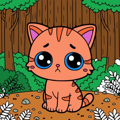 a small sad cat in a forest