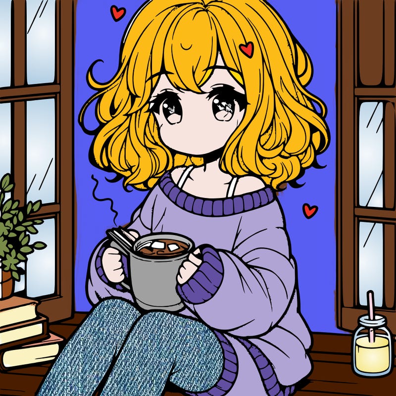 cute anime girl reading book and drinking hot chocolate from mug with loose wavy hair wearing a baggy sweatshirt and shorts sitting by windowsill looking out