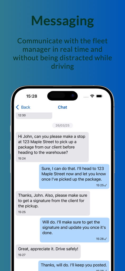 KMaster Driver - Interfaccia di messaggistica dell'app KMaster Driver che mostra una chat in tempo reale tra un conducente e un gestore della flotta