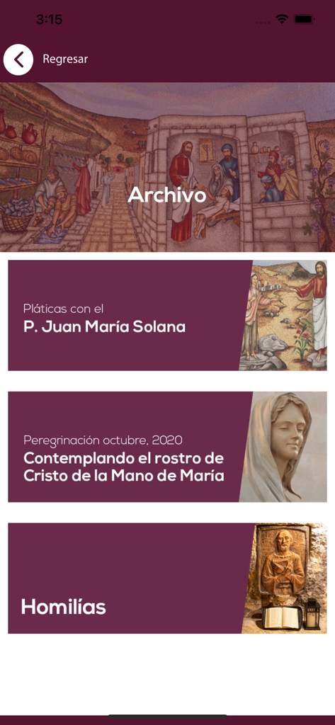 Menú de archivo de la aplicación Magdala mostrando secciones para charlas espirituales y homilías