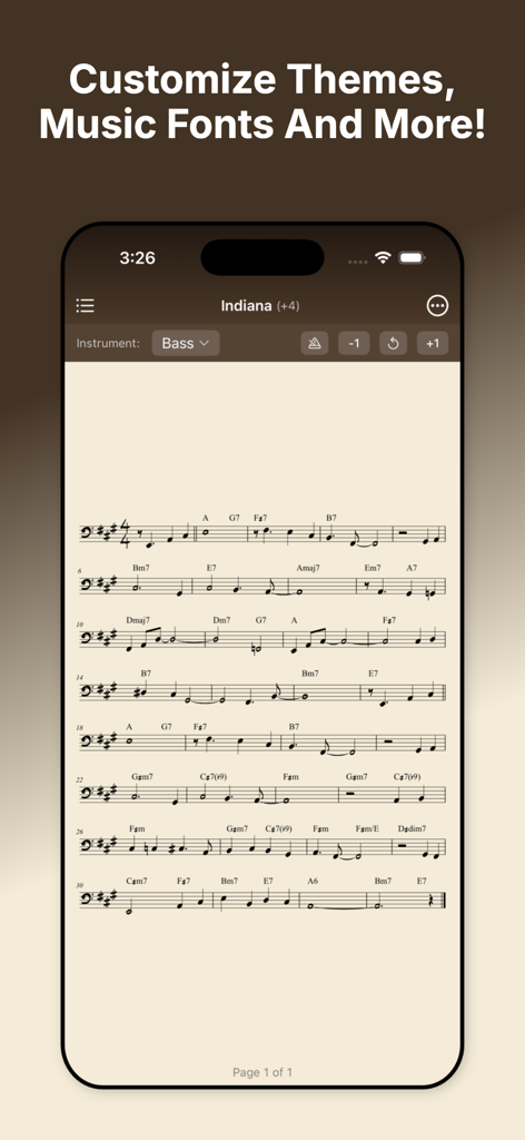 Realbook Master - Realbook Master app interface showing custom music fonts and sepia theme for bass clef sheet music