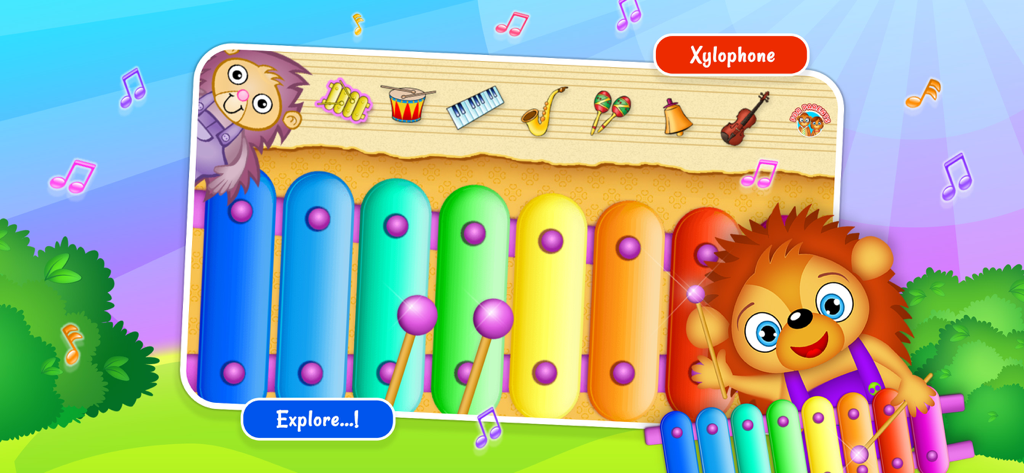 123 Fun MUSIC Games - Interface de xylophone colorée avec un hérisson de dessin animé dans l'application 123 Jeux de MUSIQUE Amusants