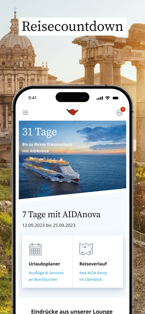 AIDA Cruises mobile app screen featuring a travel countdown and holiday planner for the AIDAnova ship