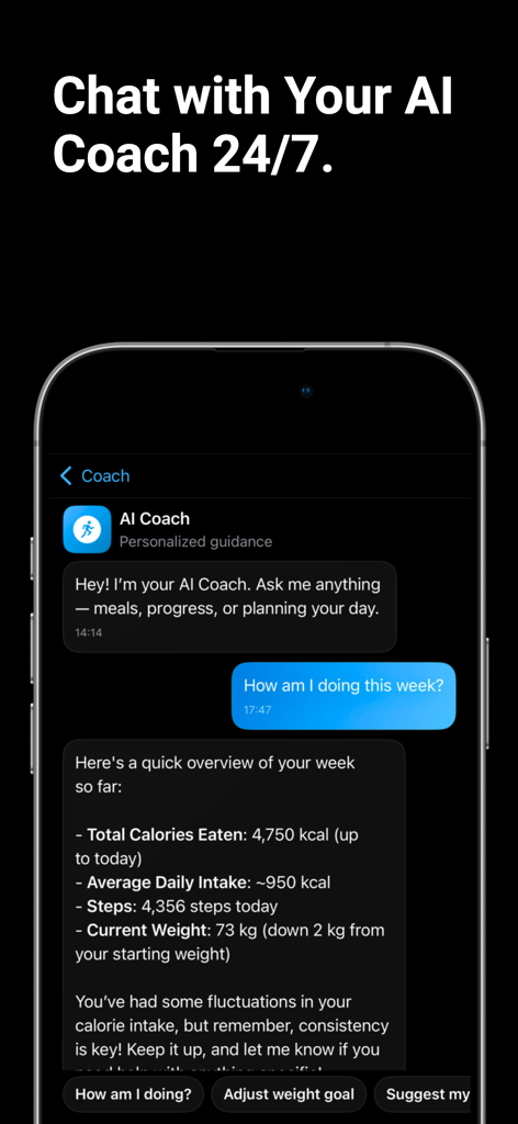 CountFit AI - Calorie Counter - Una interfaz de chat con el Entrenador IA de CountFit que muestra un resumen semanal de calorías consumidas, pasos y progreso de pérdida de peso.
