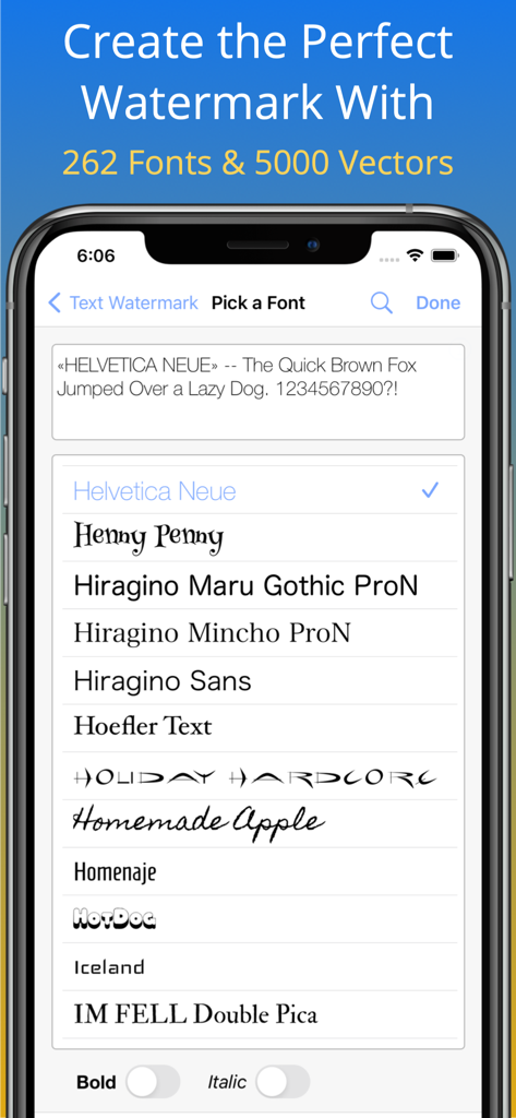 Interface of the iWatermark plus app showing a list of various font options for text watermarks on an iPhone