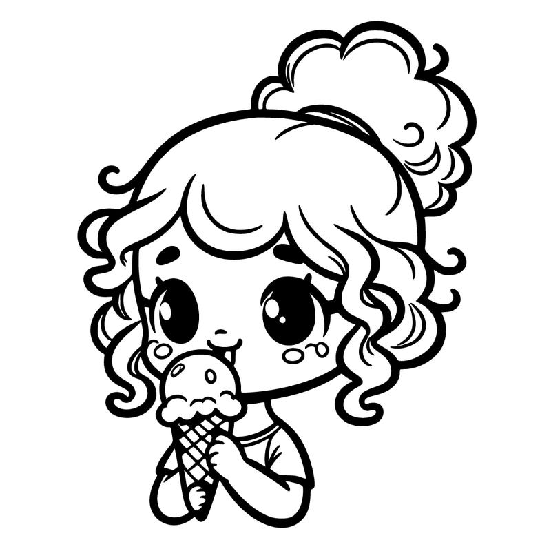 a cartoon girl about 7 years old with curly hair eating an ice cream