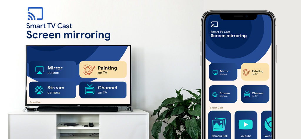 Un iPhone y un Smart TV mostrando la interfaz de la aplicación de duplicación de pantalla con opciones para duplicar pantalla y pintar en la TV.