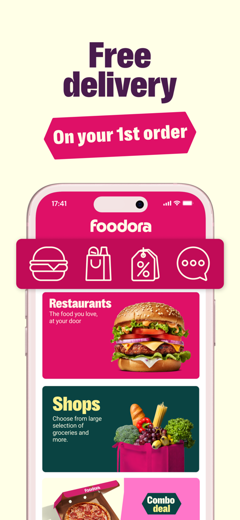 foodora AT: Food & Groceries - Foodora AT app interface showing free delivery on the first order with sections for restaurants and grocery shops