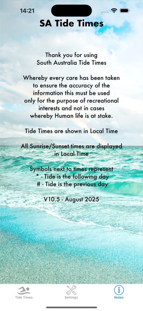 SA Tide Times - The notes and disclaimer screen of the SA Tide Times mobile app with a beach and ocean background.