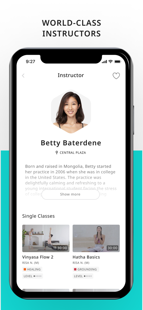 PURE360生活平台-专业瑜伽健身训练 - Página de perfil de Betty Baterdene, una instructora de yoga de clase mundial en la aplicación lifestyle PURE360, que muestra clases individuales como Vinyasa Flow y Hatha Basics