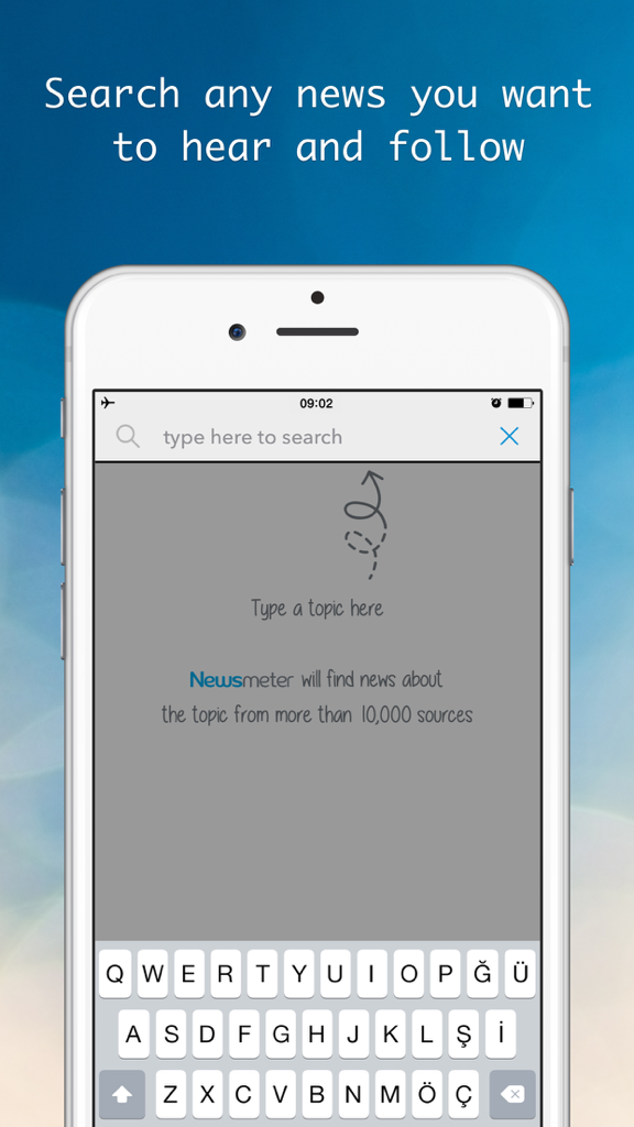 Newsmeter: Latest and Breaking News Feed Reader from Cnn,NY Times,Huffington Post,Buzzfeed&more - Search screen of the Newsmeter app displaying a search bar and keyboard for finding news from over 10,000 sources