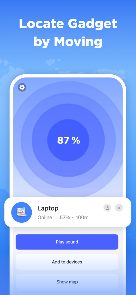 Bluetooth device tracker app radar interface showing signal strength and proximity to a lost laptop