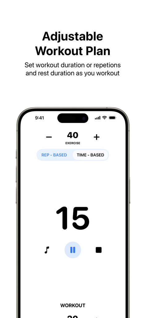 Timed: Workout Timer & Planner - Interface of Timed app displaying adjustable workout plan settings for reps and time