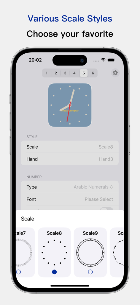 Interface de l'application MyClock montrant divers styles d'échelle pour personnaliser un widget d'horloge esthétique sur un iPhone.