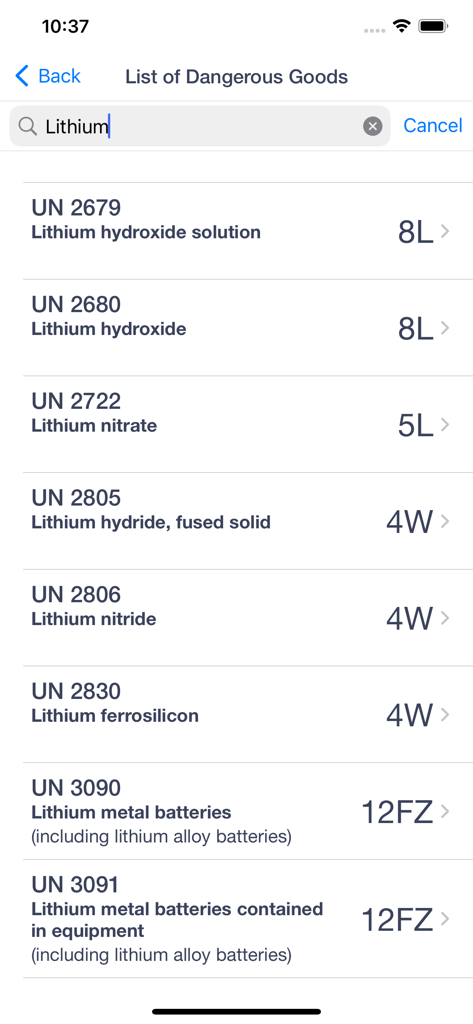 ERG Drill Codes - Search results for lithium in the dangerous goods list of the ERG Drill Codes app showing UN numbers and response codes.