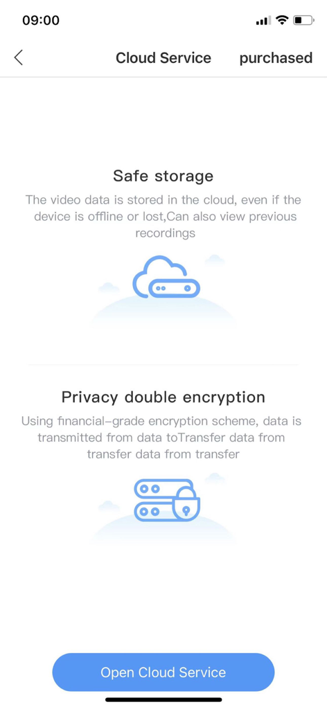 LookCam - LookCam App-Bildschirm, der Cloud-Speicher und Datenschutzverschlüsselungsfunktionen bewirbt
