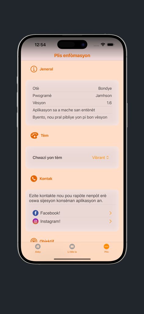 Página de información y configuración de la aplicación Bib Kreyol Haitian Bible.