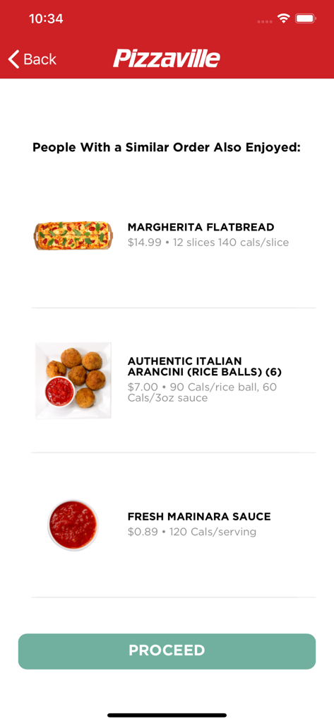 Pizzaville - Interface do aplicativo Pizzaville mostrando recomendações de comida como Flatbread Margherita e Arancini Italiano antes do checkout.