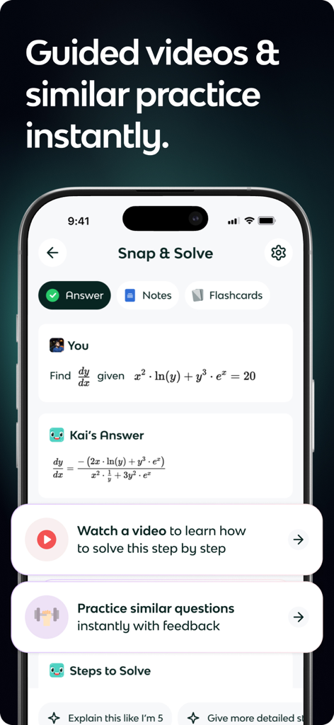 Knowt 앱 인터페이스는 Snap and Solve AI 기능이 단계별 설명 및 비디오 가이드와 함께 복잡한 수학 미분 문제를 푸는 것을 보여줍니다.