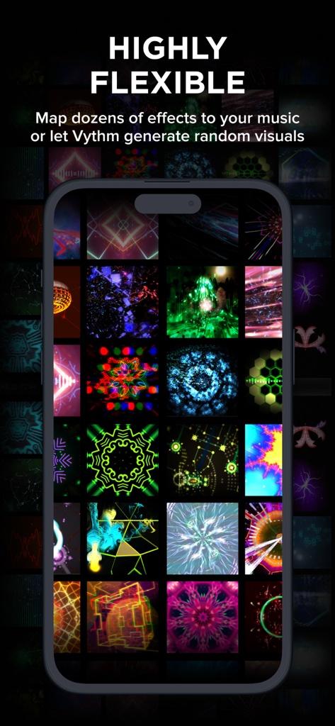 Music Visualizer DJ: Vythm VJ - Una cuadrícula de efectos de visualizador de música coloridos y diversos en la pantalla de un smartphone que muestra la flexibilidad de la aplicación Vythm VJ.