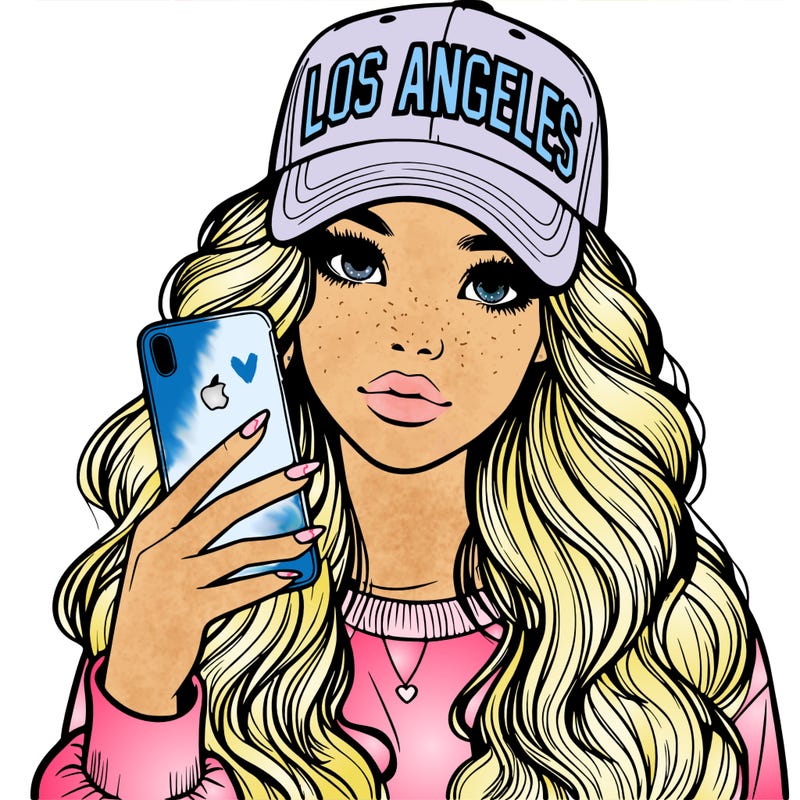 realistic beautiful girl wearing los ángeles cap holding an iphone