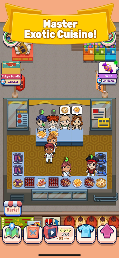 Adventure Chef - Management screen of a Tokyo restaurant in Adventure Chef showing chefs serving exotic cuisine to customers.
