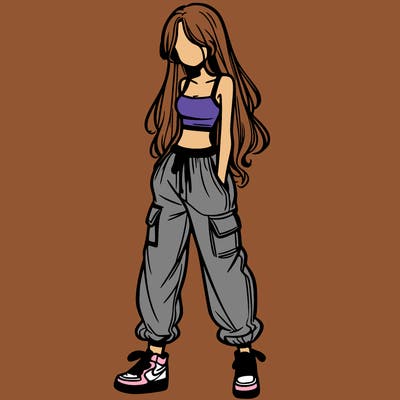 girl in baggy pants crop top and long hair