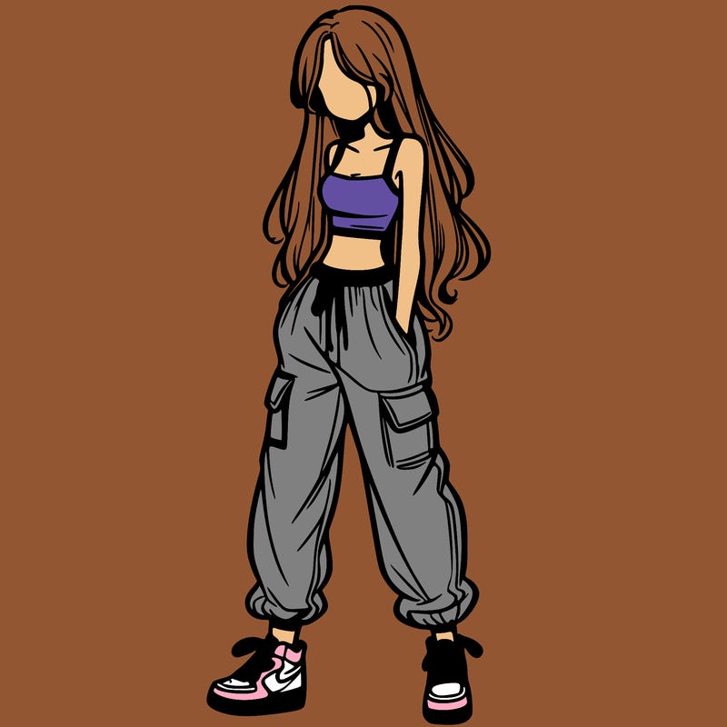 girl in baggy pants crop top and long hair