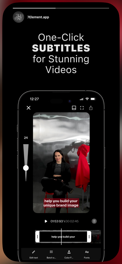 7Element: Fonts, Stickers, Sub - 7Element mobile app interface showing one click subtitles for video editing