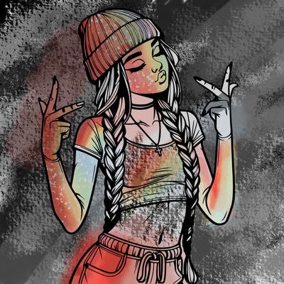 realistic teenage girl with braids and a beanie and crop top doing 🫶🏼