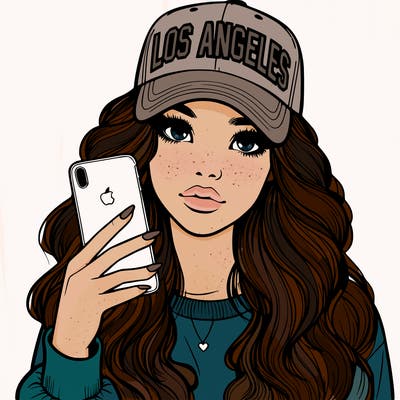 realistic beautiful girl wearing los ángeles cap holding an iphone