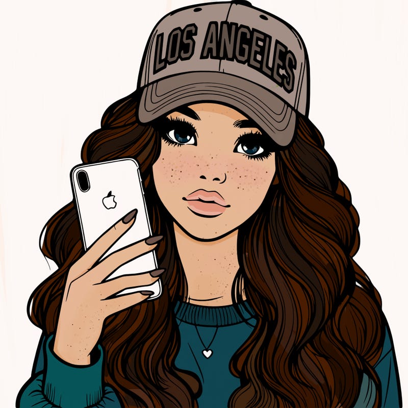 realistic beautiful girl wearing los ángeles cap holding an iphone