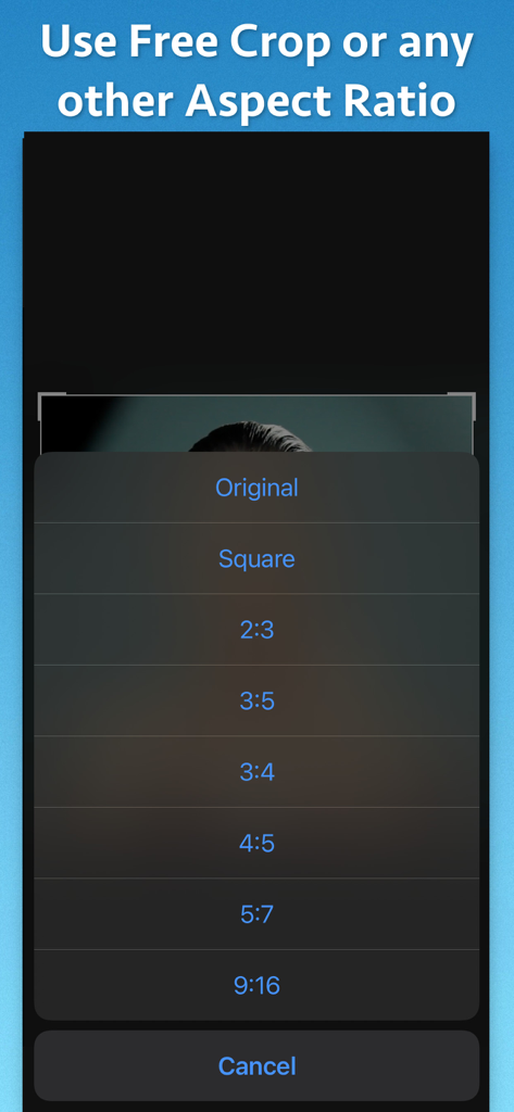 Video Cropper Premium - Video cropping app interface showing a list of aspect ratio options including square and 9 to 16