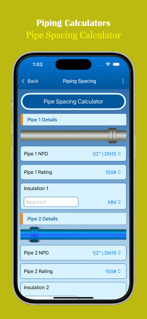 Piping Calculators - Screenshot of the Pipe Spacing Calculator feature within the Piping Calculators mobile app