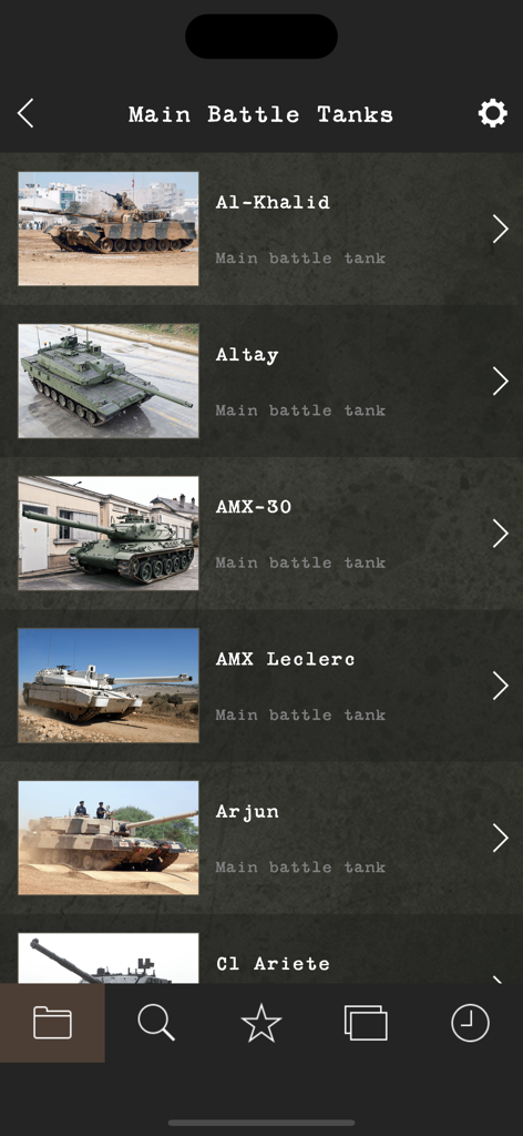 A list of main battle tanks featuring images and names like Al-Khalid and AMX Leclerc in the Modern Military Vehicles app.