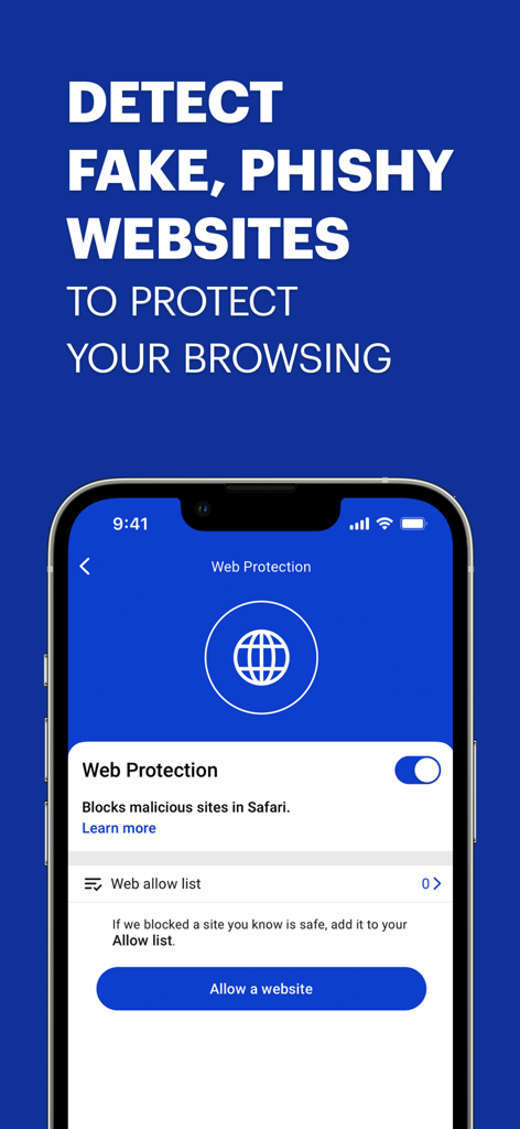 Malwarebytes mobile security app interface showing the Web Protection feature for blocking malicious websites on iPhone.