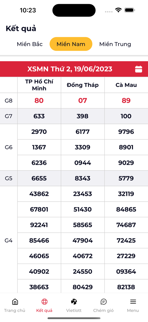 Kết quả xổ số XSMB, XSMN, XSMT - Mobile app screen showing Vietnamese lottery results for the South region with multiple prize categories